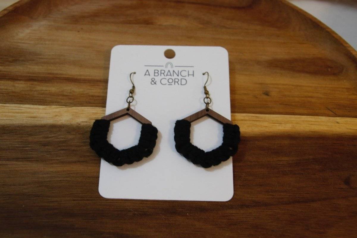 Black Macrame Knotted Earrings - Hypoallergenic Boho Chic- Gift Daffodil & Alder