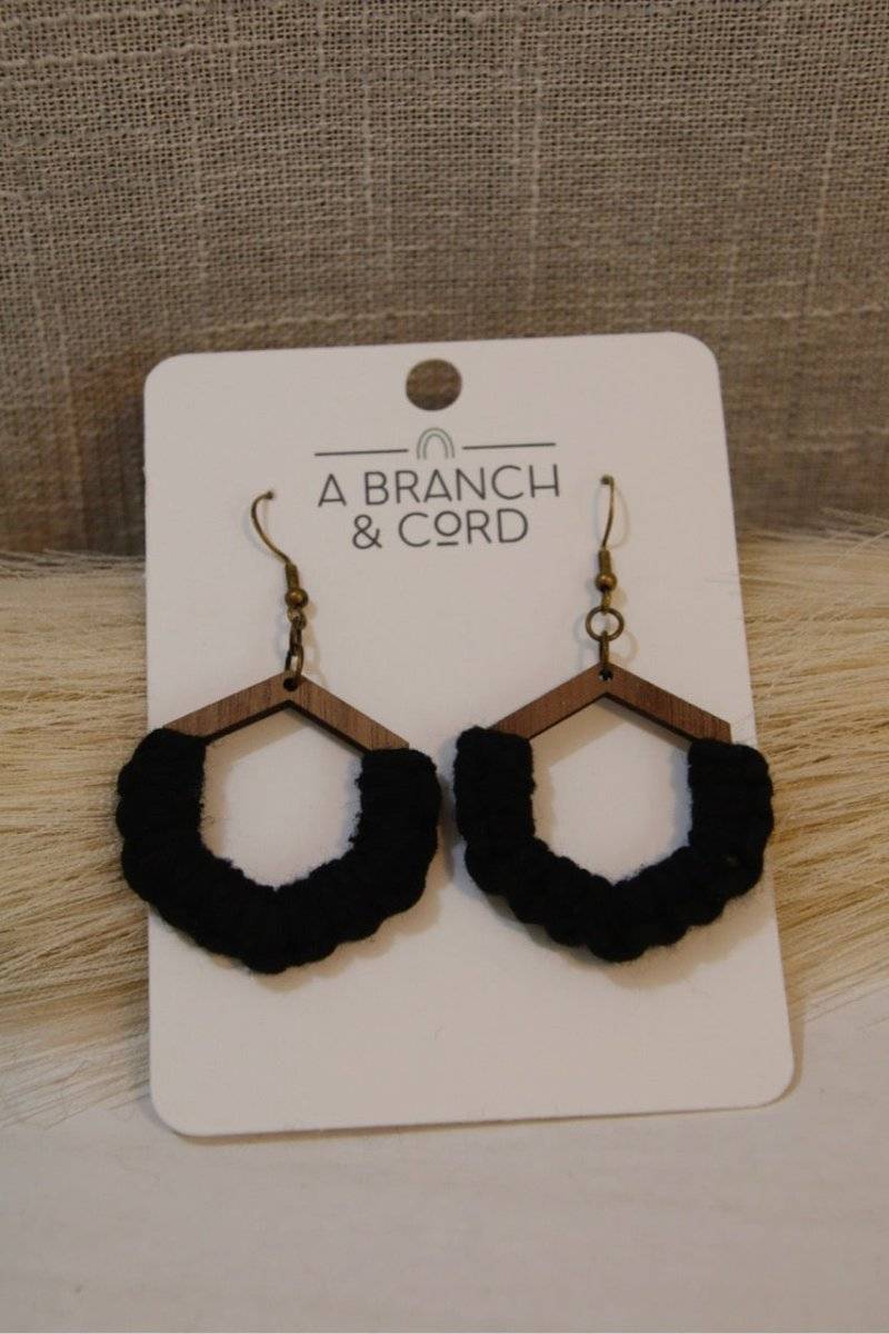 Black Macrame Knotted Earrings - Hypoallergenic Boho Chic- Gift Daffodil & Alder