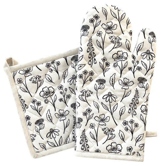 Pressed Floral Oven Mitt + Pot Holder Set - Gift Daffodil & Alder