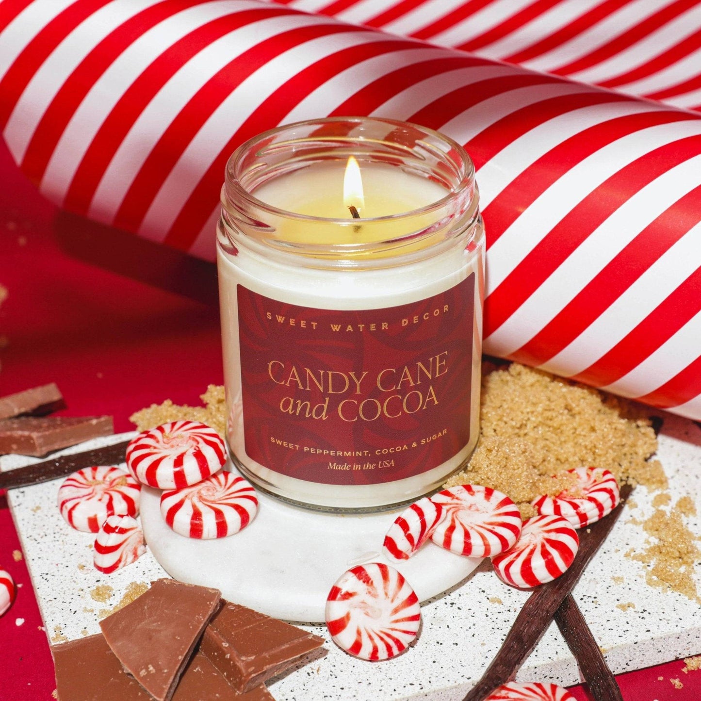 Candy Cane and Cocoa 9 oz Soy Candle - Decor, Gifts- Daffodil & Alder